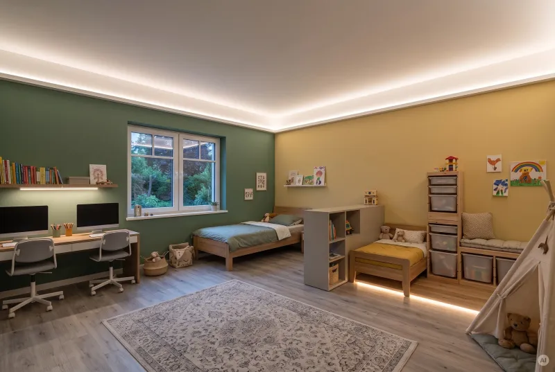 Weitwinkelaufnahme eines Geschwisterzimmers mit Etagenbett, Spielecke und Lernbereich, beleuchtet durch eine Kombination aus indirektem Deckenlicht, warmweißem Nachtlicht und funktionalem Arbeitslicht.