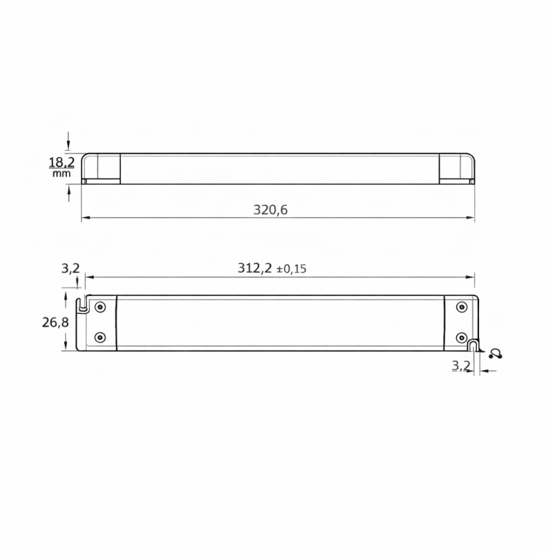 Technische Zeichnung mit Abmessungen des Snappy SL200-24VF-1 Slim LED Netzteils 24V DC mit 200W, IP20, PFC ≥ 0,9
