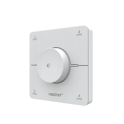 MiBoxer K0S CCT LED Wandfernbedienung in Weiß 2.4GHz Drehregler in schräger Ansicht MiBoxer K0S CCT LED Wandfernbedienung in Weiß mit Drehregler zur Steuerung von LED Streifen über 2.4GHz Funk in schräger Ansicht