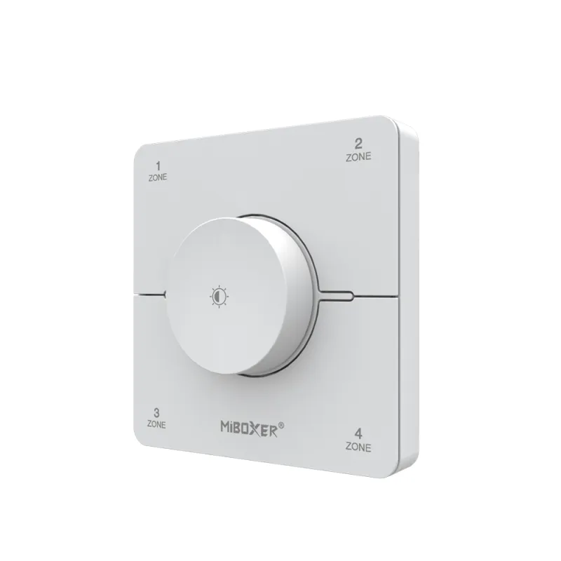 MiBoxer K0S CCT LED Wandfernbedienung in Weiß mit Drehregler zur Steuerung von LED Streifen über 2.4GHz Funk in schräger Ansicht
