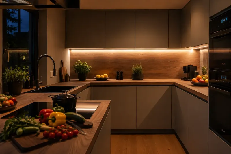 Moderne Küche mit warmweißer LED-Unterbau-Beleuchtung und frischen Lebensmitteln