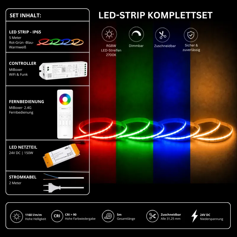 RGBW LED-Streifen Komplettset 5 m 24 V IP65 mit MiBoxer WiFi- und Funk-Controller, 2,4-GHz-Fernbedienung, 150-W-Netzteil und Stromkabel