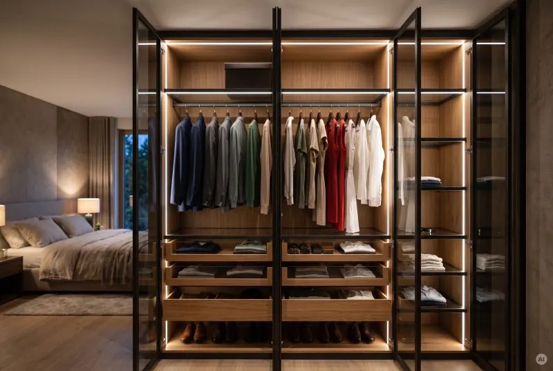 Offener Holz-Kleiderschrank mit Glastüren und neutralweißen, senkrechten LED-Lichtstreifen zur Beleuchtung der Kleidung.