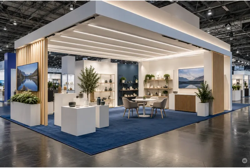 Heller Messestand mit parallel angeordneten LED-Lichtleisten an der Decke, weißem Mobiliar, Holzelementen und blauem Teppich.