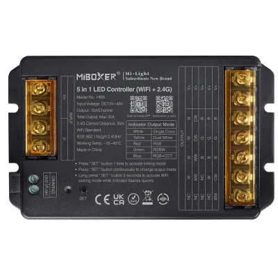 MiBoxer HW5 5-in-1 LED Controller – RGB, RGBW, RGB+CCT, CCT und einfarbig, 12–48V DC, 30A, integriertes WiFi und 2,4 GHz Funk, Push-Eingang, Schraubklemmen, Frontansicht