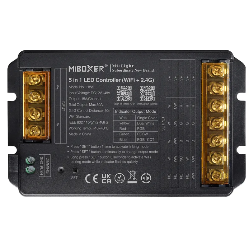 MiBoxer HW5 5-in-1 LED Controller – RGB, RGBW, RGB+CCT, CCT und einfarbig, 12–48V DC, 30A, integriertes WiFi und 2,4 GHz Funk, Push-Eingang, Schraubklemmen, Frontansicht