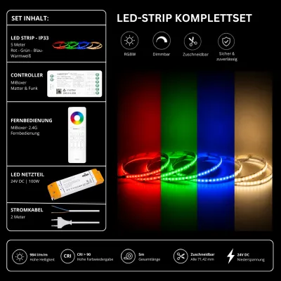LED Strip Komplettset RGBW 5m IP33 – MiBoxer Matter Controller, RGBW Fernbedienung & 24V Netzteil LED Strip Komplettset RGBW IP33 mit 5 Meter LED Streifen, MiBoxer Matter Controller, 2,4 GHz RGBW Fernbedienung, 24V 100W LED Netzteil und 2 Meter Stromkabel. Dimmbares RGBW LED Band mit Rot, Grün, Blau und Warmweiß, 984 lm/m, CRI >90