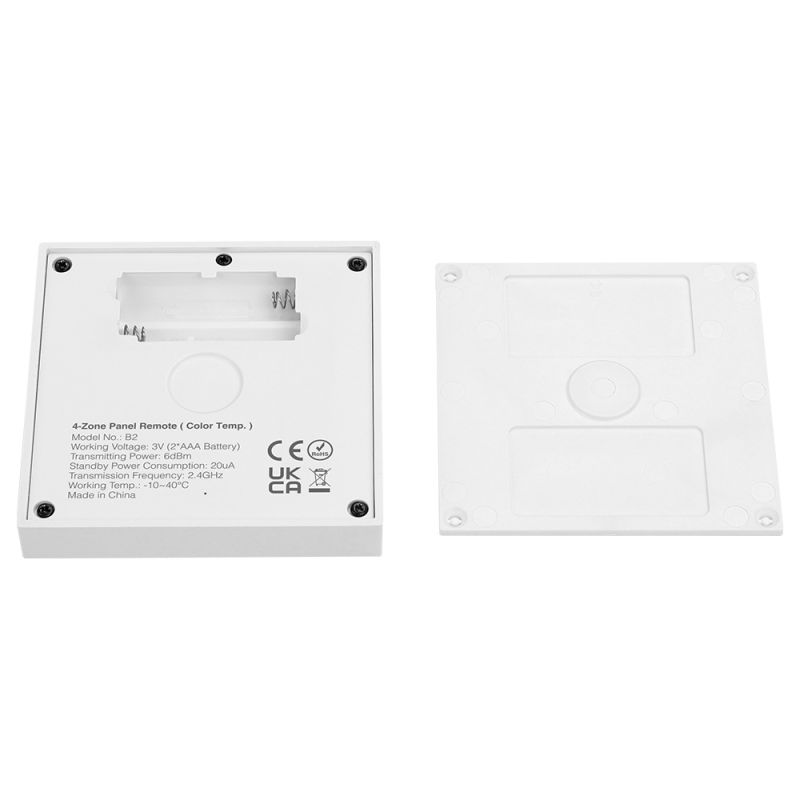 LED CCT Wandsteuerung mit Batteriefach und magnetischer Wandhalterung. Funk-Touchpanel mit 2,4 GHz Verbindung für 4 Zonen und zwei AAA-Batterien, inklusive CE- und UKCA-Kennzeichnung – geeignet für moderne LED-Lichtsteuerungen.