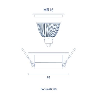 SIGOR Einbaurahmen LED Spot 83mm schwenkbar – Bohrmaß 68mm, GU10/MR16, Maßzeichnung | SK-LED SIGOR Einbaurahmen für LED Spots rund, schwenkbar – Außendurchmesser 83 mm, Bohrmaß 68 mm, kompatibel mit GU10 und MR16 Leuchtmitteln, technische Maßzeichnung