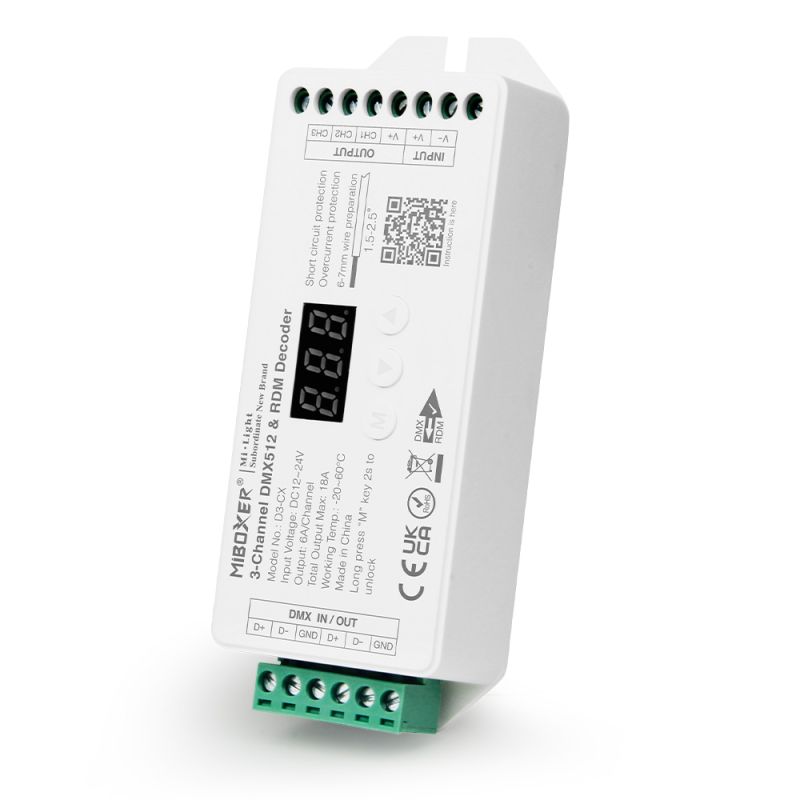 MiBoxer D3-CX 3-Kanal DMX512 & RDM Decoder – weißes Hutschienen-Gerät mit Display, 3 Ausgangskanälen (CH1–CH3), grünen Klemmanschlüssen und DMX IN/OUT, DC 12-24V, 6A/Kanal, Ansicht von schräg vorne