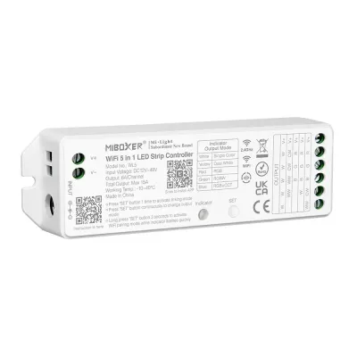 Mi WL5 5-in-1 WiFi LED Controller IP20 – RGB+CCT Steuergerät 12–48 V | SK-LED MiBoxer WL5 5-in-1 LED Controller IP20 – WLAN & 2.4 GHz WiFi Steuerung für RGB, CCT, RGBW und RGB+CCT LED-Streifen, 12–48 V, Tuya-kompatibel, kompakter LED-Dimmer von SK-LED