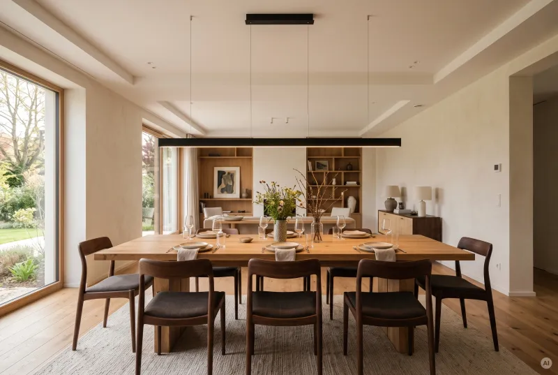 Helles, modern eingerichtetes Esszimmer mit großem Holztisch, dunklen Stühlen, einer minimalistischen schwarzen LED-Pendelleuchte und Sicht ins Grüne.