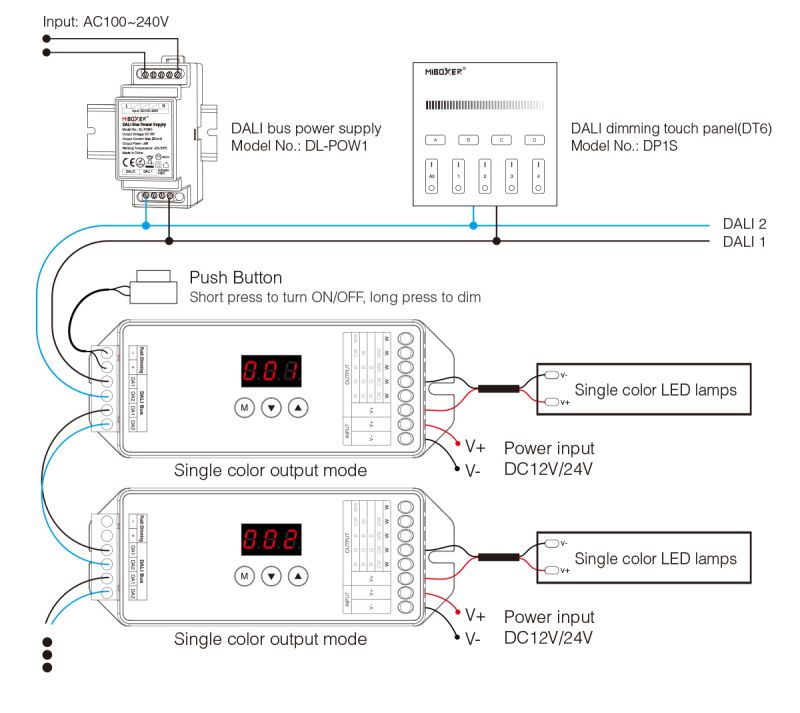 DALI Anschlussplan für einfarbige LED Beleuchtung mit MiBoxer DL X Controller und DT6 Steuerung