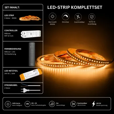 LED Streifen Set Warmweiß 3000K – SMD LED Streifen 24V, 9 W/m, 1500 lm/m, 5m – SS60 Netzteil, WL5 WiFi Controller & C1 Fernbedienung Schwarz LED Streifen Set Warmweiß 3000K – SMD LED Streifen 24V, 9 W/m, 1500 lm/m, 5m – SS60 Netzteil, WL5 WiFi Controller & C1 Fernbedienung Schwarz