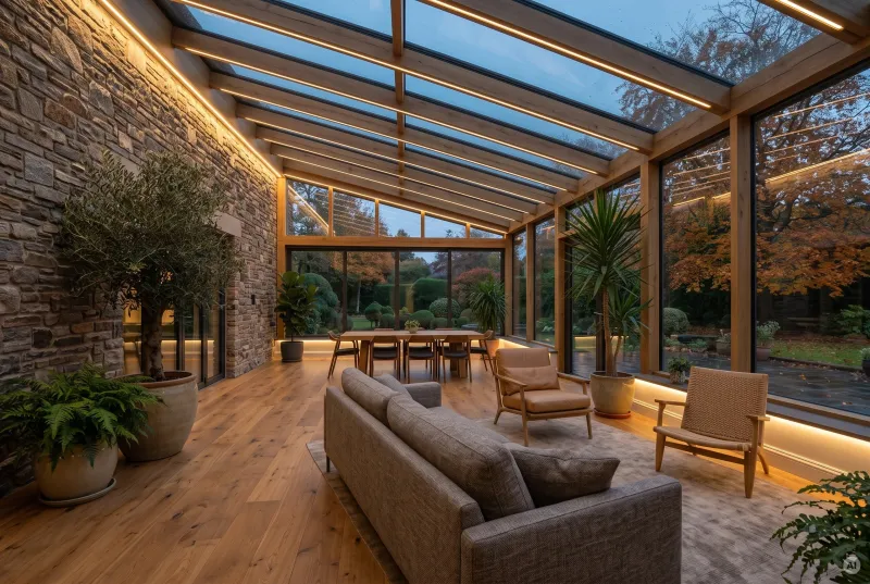 Weitläufiger Wohn-Wintergarten mit Natursteinwand, Eichenparkett, gemütlicher Sofa-Ecke und abgestimmter indirekter LED-Beleuchtung an Wand, Sparren und Fensterbänken.