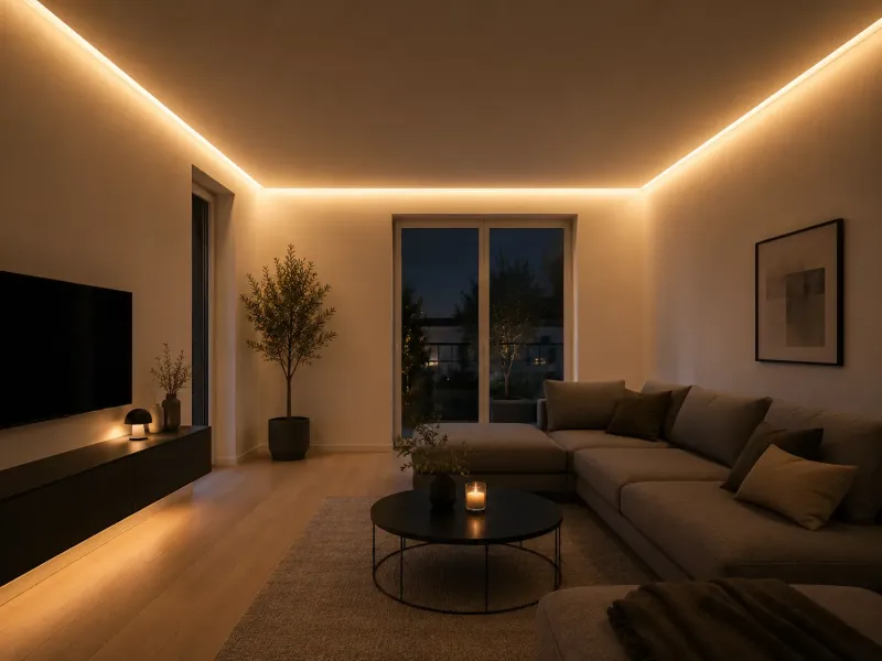 Moderne Voutenbeleuchtung im Wohnzimmer mit umlaufender warmweißer LED Lichtlinie an der Decke