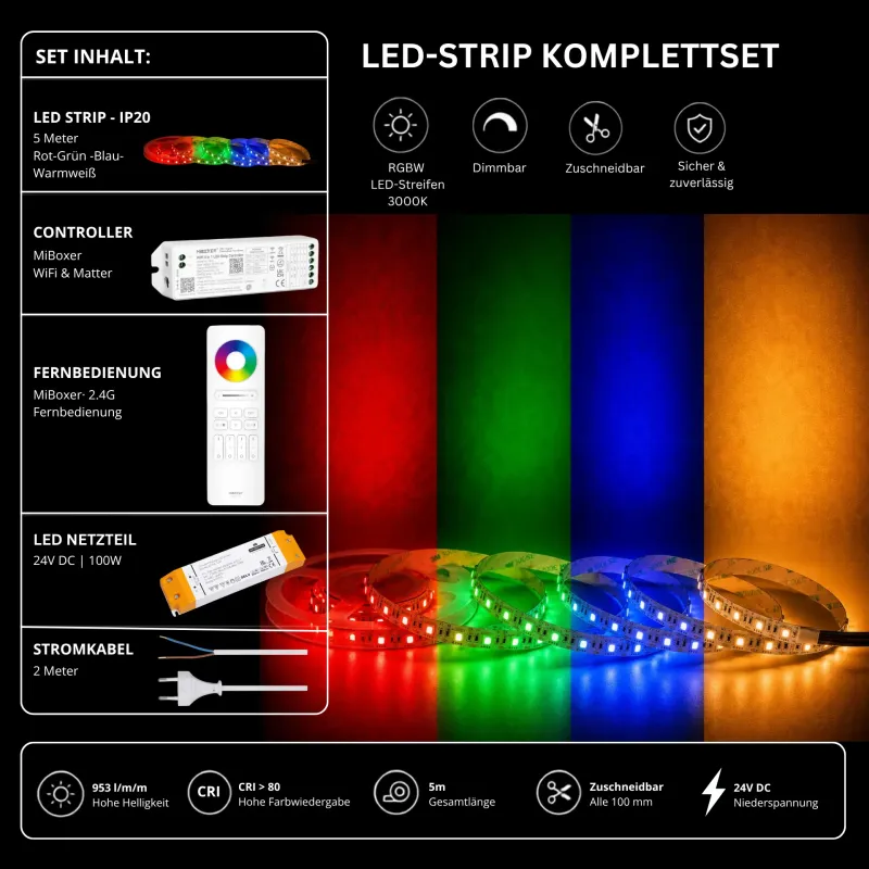 RGBW LED-Strip Komplettset mit 5 m LED-Streifen, RGB-Farblicht und Warmweiß 3000 K, 24 V Netzteil, MiBoxer WiFi & Matter Controller und 2,4 GHz Fernbedienung, 953 lm/m