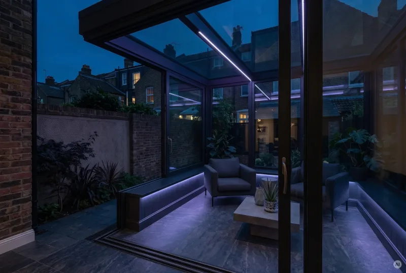 Modern eingerichteter kompakter Wintergarten bei Nacht mit dunklen Metallrahmen, grauen Sesseln und dezenter bläulich-violetter LED-Lounge-Beleuchtung.