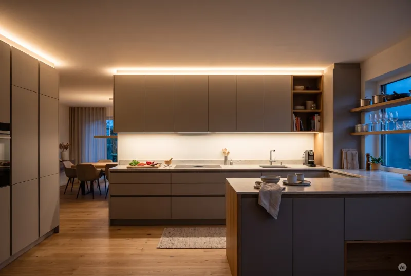 Frontale Gesamtansicht einer grifflosen Küche mit warmweißer LED-Beleuchtung unter den Oberschränken und an der Deckenkante.
