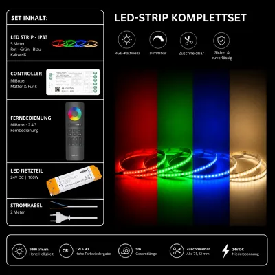 LED Streifen Set RGBW Kaltweiß 6000K IP33 mit COB LED Streifen, SM5 Matter Controller, SS100 Netzteil und C5 Fernbedienung in Schwarz.