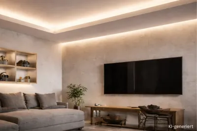 LED Trockenbauprofil indirekte Deckenbeleuchtung LED Trockenbauprofil in abgehängter Decke mit indirekter Beleuchtung im Wohnzimmer und warmweißem LED Licht