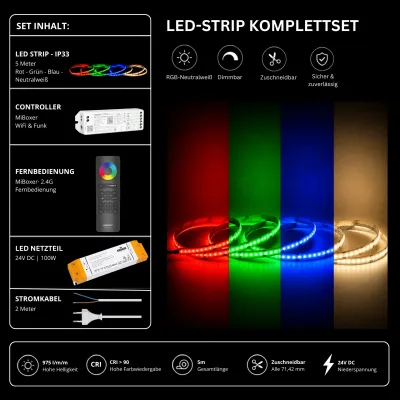 LED Streifen Set RGBW Neutralweiß 4000K IP33 24V – COB LED mit WL5 WiFi Controller & C5 Fernbedienung Schwarz LED Streifen Set RGBW Neutralweiß 4000K IP33 mit COB LED Streifen, WL5 WiFi Controller, SS100 Netzteil und C5 Fernbedienung in Schwarz.