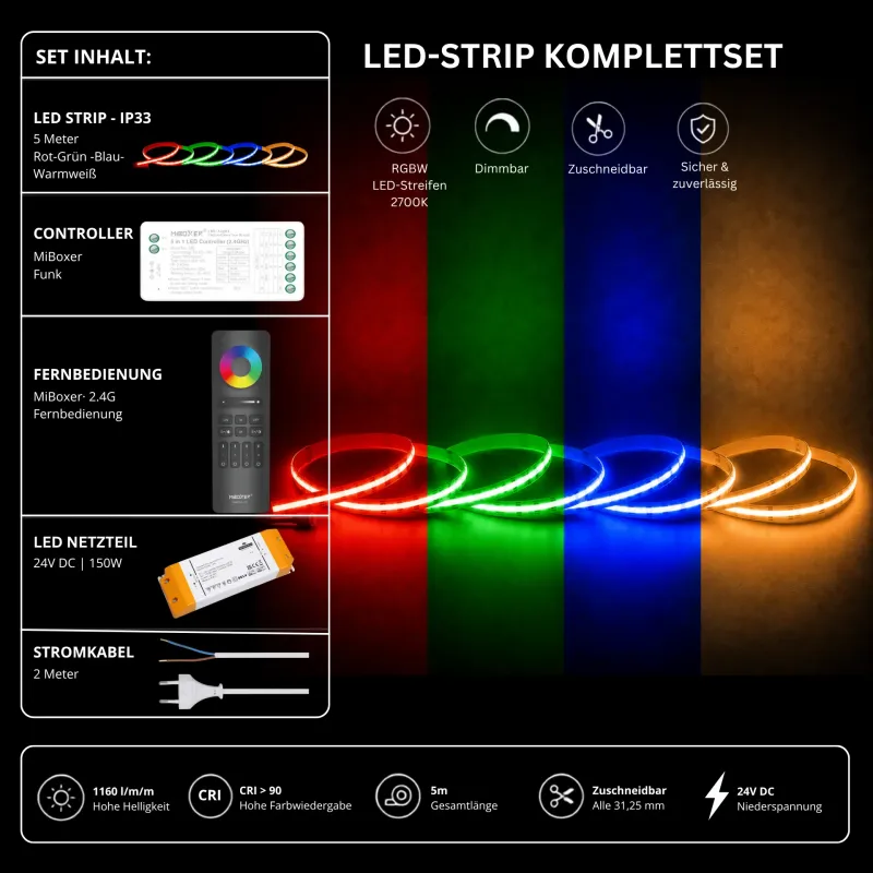 RGBW LED-Streifen Komplettset 5 m 24 V mit MiBoxer Funk-Controller, schwarzer 2,4-GHz-Fernbedienung, 150-W-Netzteil und Stromkabel