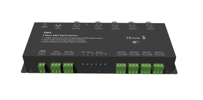 DMX512 Splitter DMA 4 fach Schraubklemme Frontansicht DMX512 Splitter DMA 4 fach mit Schraubklemmen Frontansicht LED Signalverteiler