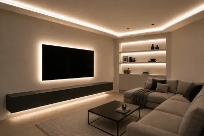 Modernes Wohnzimmer mit indirekter LED-Beleuchtung durch neutralweiße 4000K LED-Streifen. Elegante Lichtlinien an abgehängter Decke, TV-Wand, schwebendem Lowboard und beleuchtetem Wandregal