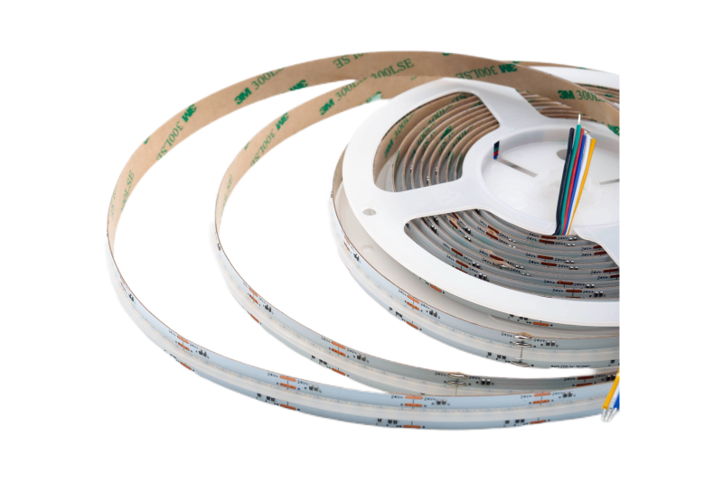 COB RGBCCT LED-Streifen 12 mm auf 5-Meter-Rolle – leuchtend in RGB-Farben, IP33 für den Innenbereich