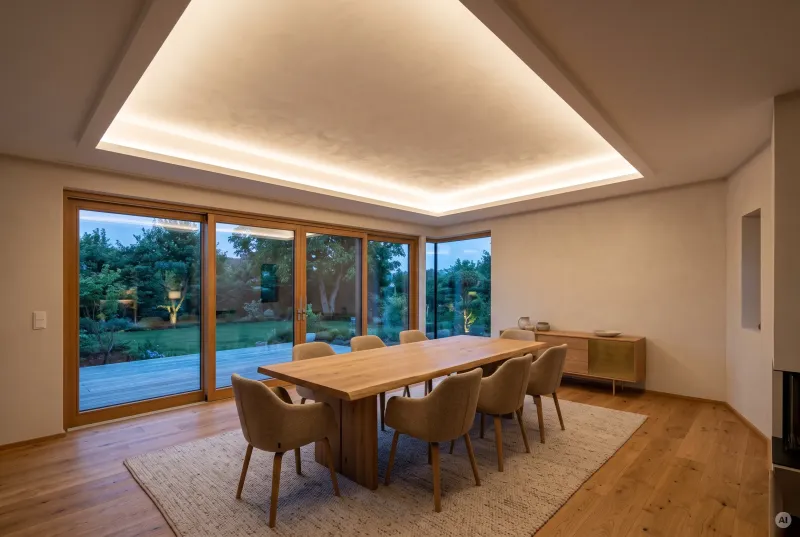 Elegantes Esszimmer mit großem Holz-Esstisch und einer breiten, rechteckigen Trockenbau-U-Voute, die weiches warmweißes LED-Licht flächig an die Decke reflektiert.