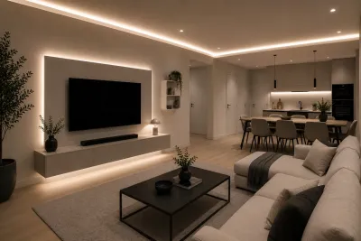 Neutralweiße LED-Streifen indirekt im modernen Wohnzimmer mit TV-Wand Modernes Wohnzimmer mit neutralweißer indirekter LED-Streifen-Beleuchtung an Decke und TV-Wand, flächenbündig montierten LED-Lichtlinien und minimalistischer Einrichtung.