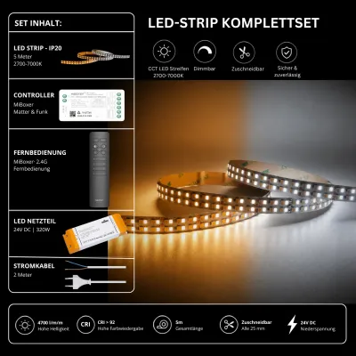 CCT LED-Strip Komplettset mit 5 m LED-Streifen 2700–7000 K, 24 V Netzteil, MiBoxer Matter & Funk Controller und 2,4 GHz Fernbedienung, 4700 lm/m und CRI > 92