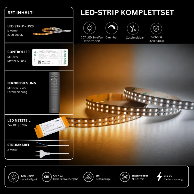 CCT LED-Strip Komplettset mit 5 m LED-Streifen 2700–7000 K, 24 V Netzteil, MiBoxer Matter & Funk Controller und 2,4 GHz Fernbedienung, 4700 lm/m und CRI > 92