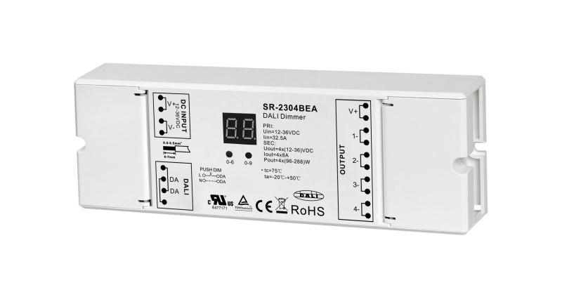 SR-2304BEA DALI-2 LED Controller, 4-Kanal, 12-36V DC, 4×8A, DT6, Push DIM, RGBW / CCT / einfarbig