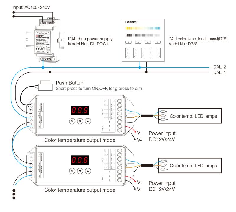 DALI Anschlussplan CCT LED Beleuchtung mit MiBoxer DL X Controller und Farbtemperatur Steuerung DT8