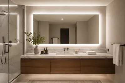 Spiegelbeleuchtung mit Ra 95+ für natürliche Hauttöne und präzise Make-up-Bewertung Modernes Badezimmer mit hinterleuchtetem LED-Spiegel und Marmor-Waschtisch
