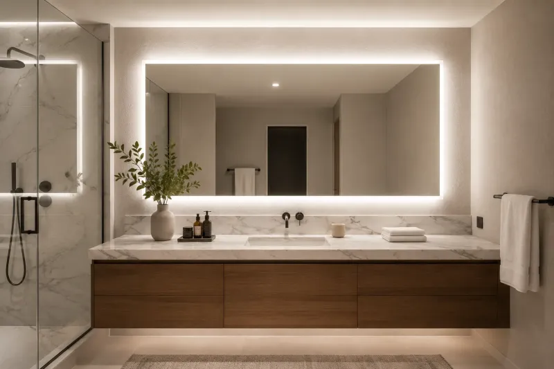 Modernes Badezimmer mit hinterleuchtetem LED-Spiegel und Marmor-Waschtisch