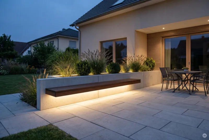 Hellgraue Betonplatten-Terrasse bei Abenddämmerung mit verdecktem warmweißem LED-Licht unter einer Holz-Sitzbank und sanft hinterleuchteter Pflanzmauer.