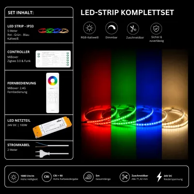 LED Streifen Set RGBW Kaltweiß 6000K IP33 – COB LED Streifen 24V, 18 W/m, 5m, punktfrei – SS100 Netzteil, SZ5 Zigbee 3.0 Controller & C5 Fernbedienung Weiß LED Streifen Set RGBW Kaltweiß 6000K IP33 – COB LED Streifen 24V, 18 W/m, 5m, punktfrei – SS100 Netzteil, SZ5 Zigbee 3.0 Controller & C5 Fernbedienung Weiß