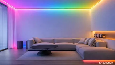 COB RGB LED Streifen mit homogener Lichtlinie | SK-LED Modernes Wohnzimmer mit COB RGB LED Streifen und homogener indirekter Beleuchtung ohne sichtbare Lichtpunkte