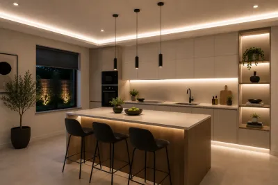 Moderne Designküche mit indirekter LED-Beleuchtung durch neutralweiße 4000K LED-Streifen. Gleichmäßige Lichtlinien an Decke, Kücheninsel, Arbeitsplatte und Vitrinenregal sorgen für eine natürliche, helle Ausleuchtung ohne sichtbare LED-Punkte