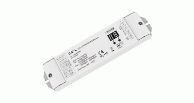 DA5-L DALI DT6/DT8 LED Dimmer – weißes Flachgehäuse in perspektivischer Schrägansicht, LED OUTPUT- und DALI INPUT-Anschlüsse beidseitig sichtbar, Display und Befestigungsösen, DC 12-48V