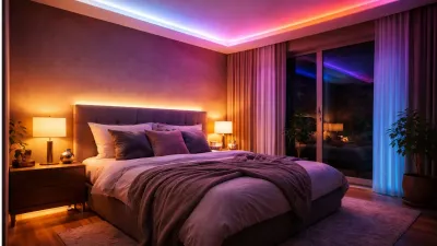 Modernes Schlafzimmer mit RGBW LED Streifen und indirekter Beleuchtung in warmweißen und farbigen Lichtakzenten