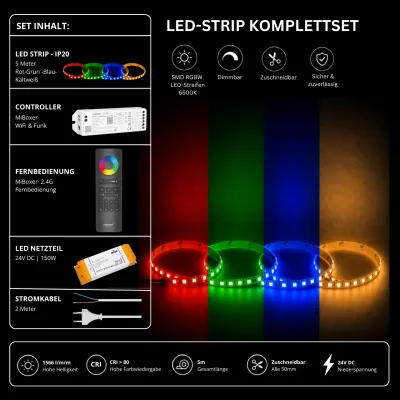 RGBW LED Streifen Komplettset 24V mit 5 m SMD LED Streifen 6500K, MiBoxer WiFi Funk Controller, 2.4G Fernbedienung und 150W Netzteil