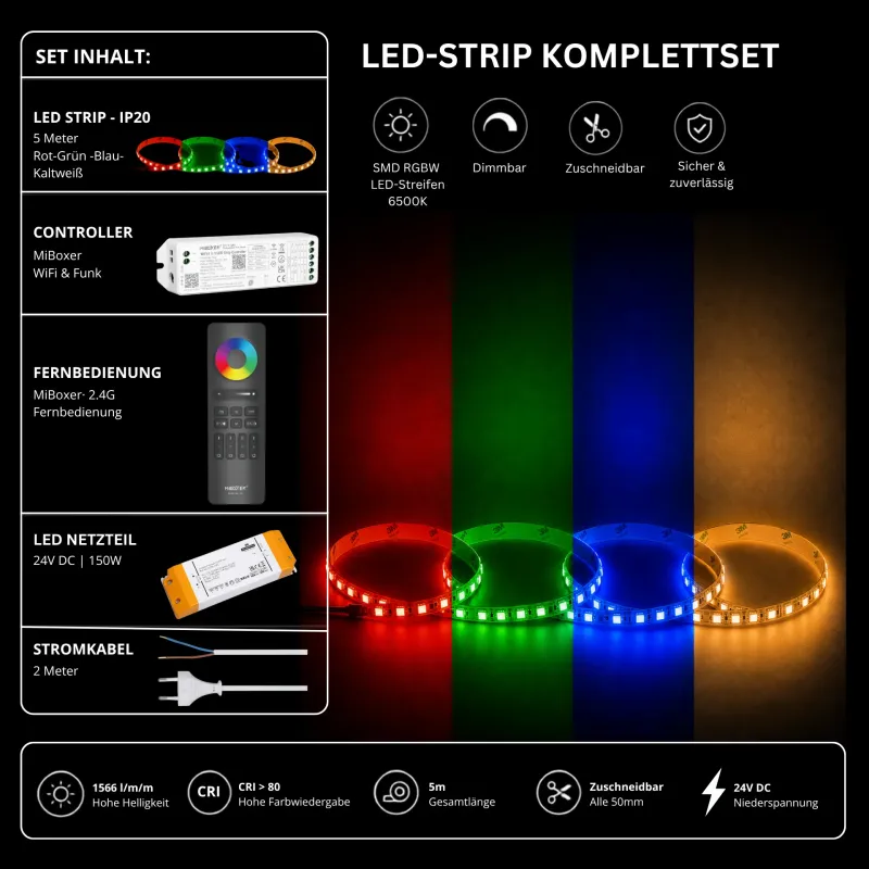 RGBW LED Streifen Komplettset 24V mit 5 m SMD LED Streifen 6500K, MiBoxer WiFi Funk Controller, 2.4G Fernbedienung und 150W Netzteil