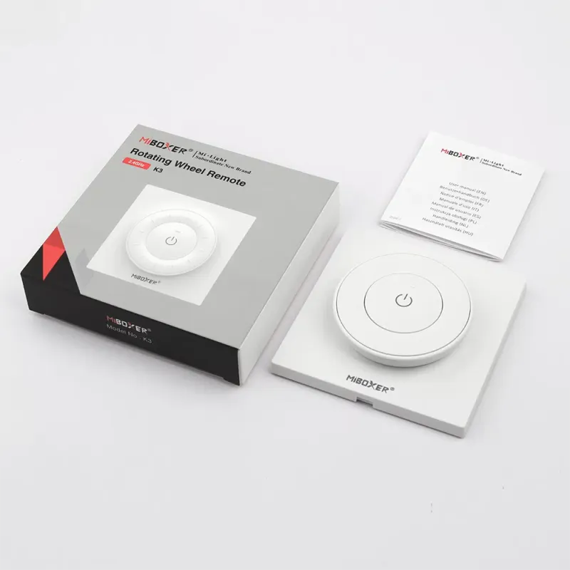 MiBoxer K3 Fernbedienung Weiß Lieferumfang – Drehregler-Fernbedienung mit magnetischer Wandhalterung und Zubehör