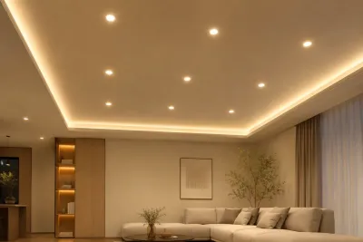 LED Einbaustrahler und indirekte LED Voutenbeleuchtung im modernen Wohnzimmer in Warmweiß Moderner Wohnraum mit warmweißen LED Einbaustrahlern und indirekter Voutenbeleuchtung in abgehängter Decke