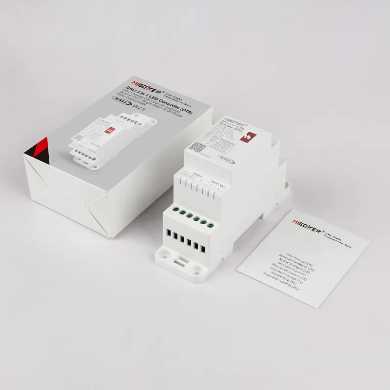 Lieferumfang MiBoxer DL2-T: DALI Controller, Originalverpackung und mehrsprachige Anleitung