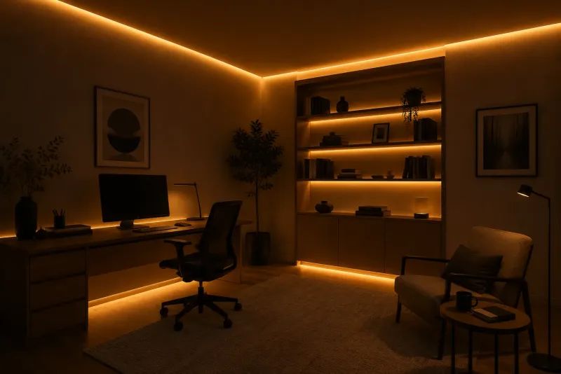 Modernes Homeoffice mit indirekter LED-Beleuchtung durch warmweiße 3000K LED-Streifen. Gleichmäßige Lichtlinien an Decke, Schreibtisch und Regal schaffen eine angenehme Arbeitsatmosphäre ohne sichtbare LED-Punkte